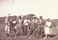 Haymaking near the Valcha mill, sister Jarmila Odehnalová is third from left, 1943