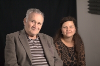 Karel Mráz with the documentary-maker Jarmila Vandová during the shoot in Pilsen studios, October 7, 2022