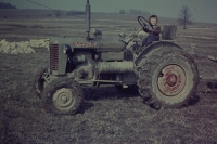 Jan Marek´s son on a tractor in Sedlejov in 1957