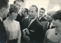 1968, reception at Prague Castle after the successful Olympics in Mexico, next to Bohumila Řešátková, General Secretary of the Communist Party of Czechoslovakia Alexandr Dubček is standing
