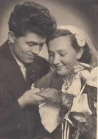 With his wife, wedding photo, 1958