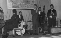 Zdeněk Štěpán playing trumpet in the band of the South Bohemian Papírny Vétřní, 1975