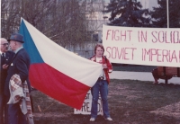 Czechoslovak flag at a demonstration in Canada in 1981, during martial law in Poland