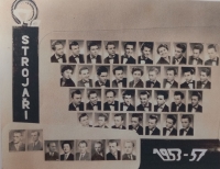 Zdeněk Štěpán (the fourth one on the right in the third row), a photo board of the Secondary Technical School in České Budějovice, 1957
