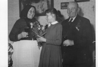 Grandparents Rozálie and Antonín Bartošs with granddaughter Vlasta; Lanžhot, 1950s