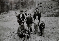 Helena Geršlová with her children and her brother Pavel collecting antlers in the woods around Sidonia, mid-1980s