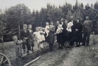 Helena Geršlová as a little girl (in the arms of her mother Františka – fisrt woman from the left), her father František is on the far right and next to him his mother, Uhlisko 1947