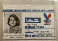 Danica's card as a member of the VPN coordination committee in Trenčín