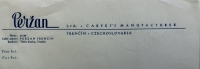 hlavičkový papier spoločnosti na výrobu kobercov Peržan, ktorú založil Dr. Okrucký