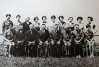 Pedagogical staff in Valašská Bystřice, Rudolf Jurečka fourth from the right in the bottom row, turn of the 1960s and 1970s