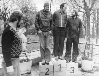 Jan Suchánek regularly stood on the winners´s podium at running sports competitions organized by Slévárna Ostašov, the 1st place in the photo (1976)
