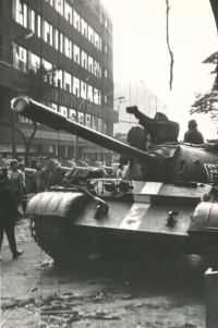 Warsaw Pact tank in front of the Czechoslovak Radio building, 21 August 1968