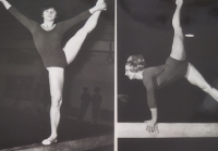 Czechoslovak gymnasts performing on the balance beam in the late 1960s. On the right Věra Čáslavská