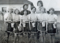 Magdalena Hojková (first from right, second row) with school dance group, Rokytov u Bardejova, 1962