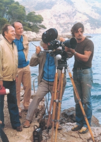 Natáčení filmu Monstrum z galaxie Arkana (1981), vlevo režisér Dušan Vukotić, uprostřed Jiří Macák, vpravo Jan Hanzal