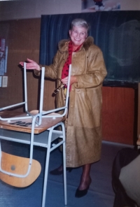 Hermína Malátová in front of the blackboard, 1980s