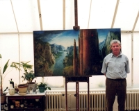 Adolf Absolon in the studio with a painting inspired by J. R. R. Tolkien (1999)