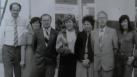 Employees of the Tesla Pardubice promotion department at the fair in Brno, Jaroslav Novák first from the left, circa 1980s