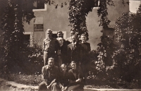 With grandparents, mother and American soldiers, Strašín, 1945