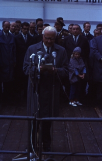 Ludvík Svoboda speaking at the microphone, Javořina August 1968