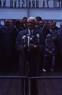 President Svoboda in front of the microphone, Javořina, August 1968
