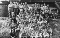Milan Růžička (bottom right) with water scouts / scout camp at Police nad Metují / 1945