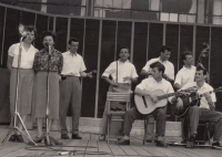 Miloslav Vítek (far right) with the Hawaiian style band at the Příbram mining high school, a Hawaiian guitar at his feet, latter half of the 1950s