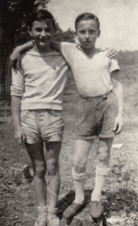 Miloslav Vítek aged about eight with friend Jan Bára in Doksy, after the war