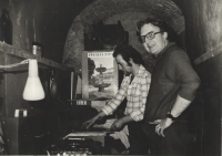 Zdeněk Friml (front) and DJ Hodr in the Hifi club in Jaroměř