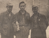Jaroslav Šimánek (centre) with friends after leaving the mine, Horní Suchá 1951