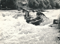 Rafting down the Vltava River with his second wife Emma, 1966