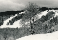 Krušné hory, výhled z čermákovské maringotky, zima 1991/1992