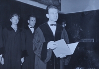 Rudolf Vévoda delivering his graduation speech, 1961