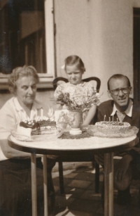 Grandmother Anežka (Aga) Löwitová, née Ticháčková, the witness and her father Rudolf Kračmera, Nymburk, 1951