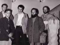 Photo with poets: top left Ewald Murrer, Jiří Hauber, Roman Szpuk, front left Bohdan Chlíbec, Pavel Kolmačka