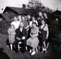 Ingeborg Larišová (on the right in a dress skirt) with her family, Ostrava, Šalamoun mine colony, circa 1950