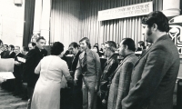 After completing his apprenticeship, the witness shaking hands with people, Tábor, 1976