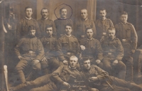 Witness’s father Josef Mejsnar in the Austro-Hungarian army in Galicia, circled in the centre, 1916