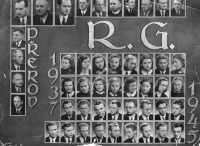 The witness’s high school graduation photo board (far left, top row), 1945