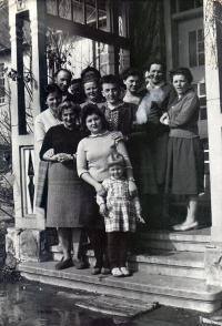 Anděla Bečicová (in front) in front of the agricultural trade school in Vizovice, year 1961 