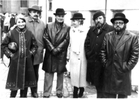 First exhibition and sale (Lviv, Bernardine's Yard). Spring 1986. 
From right to left: Myroslav Hudz, Myroslav Otkovych, Liuba Chaikivska, Zenovii Flinta, Vasyl Hlynchak, and Hlynchak's wife, Yevheniia.
