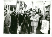 Photo from a protest on Khreshchatyk, on the eve of the start of the Revolution on Granite; Kyiv, October 1990. Myroslav Gudz, third from the right, wearing glasses.