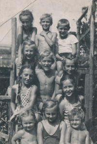Samuel Machek and his twin brother Daniel with friends, 1941. Samuel Machek is top centre, his brother Daniel below him
