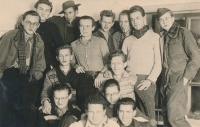 Samuel Machek with brother during voluntary work while business academy students, 1949. Samuel Machek is third from left, top row, Daniel Machek is sitting at left in the second row