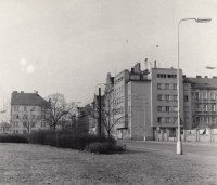 Valerie Princlová's family home photographed from the site of the former Škoda headquarters, around 1975–1977


