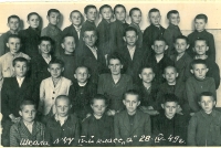 A photo of students of the 4th - A class of school No. 44 (Lviv, 28.04.1949) with their class teacher Sofia Feliksivna Burukhina.   In the front row, third from the left is Myroslav Gudz.