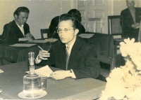 Photo of Myroslav Gudz during an exam (he is sitting in the foreground) at the university, Lviv, 1958.
