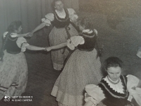 Sylva Wernhartová dancing in Ladislav Ševčík's Folk Dance Ensemble in Ostrava, 1970s. The witness on the bottom right.