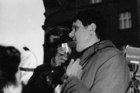 Václav Malý at the first permitted protest in Škroupovo Square in Prague, 10 December 1988 
