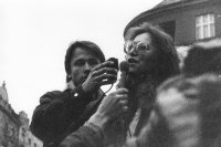 Marta Kubišová at the first permitted protest in Škroupovo Square in Prague, 10 December 1988 
